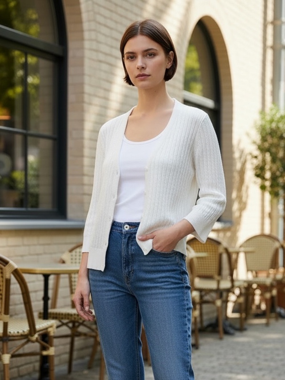 Jeanne Pierre White Cable-Knit V-Neck Cotton Blend Button-Up Cardigan, Medium